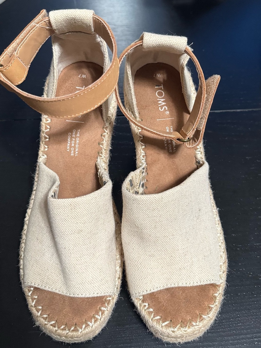 TOMS Women's Cream Canvas Espadrille Wedge Sandals with Tan Ankle Strap